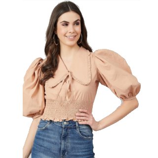 Athena Nude-Coloured Tie-Up Neck Puff Sleeves Pure Cotton Fitted Top at Rs.849